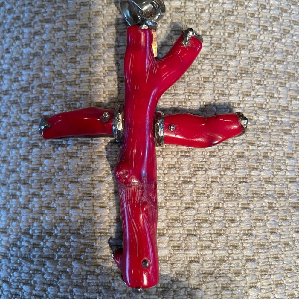 Four-inch coral and silver cross for silver necklace